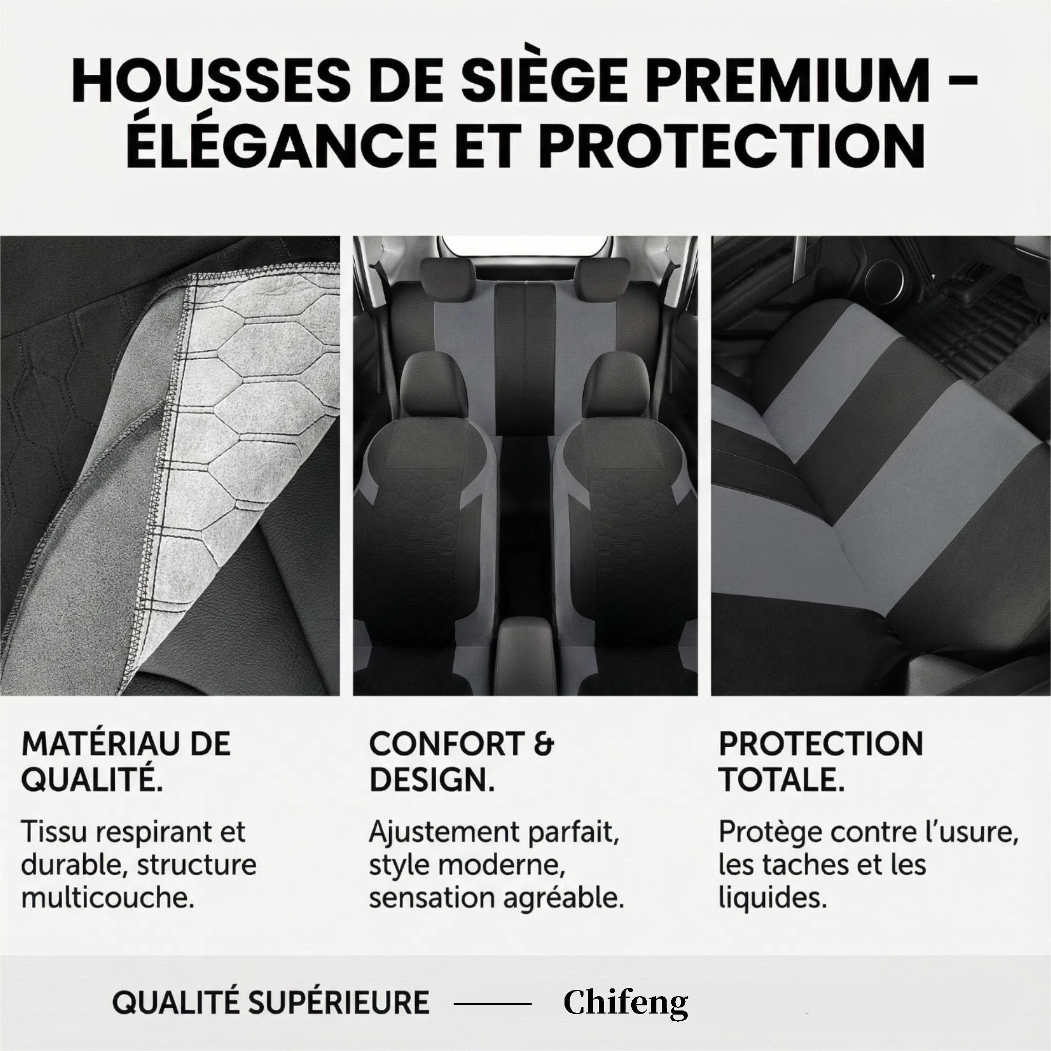 Lot de 5 Housses de siège de Voiture pour Ford Edge Fiesta Focus Ka+ Plus Kuga Mondeo Puma Compatible airbag, Respirant, Facile à Installer et à Nettoyer. (Gris)