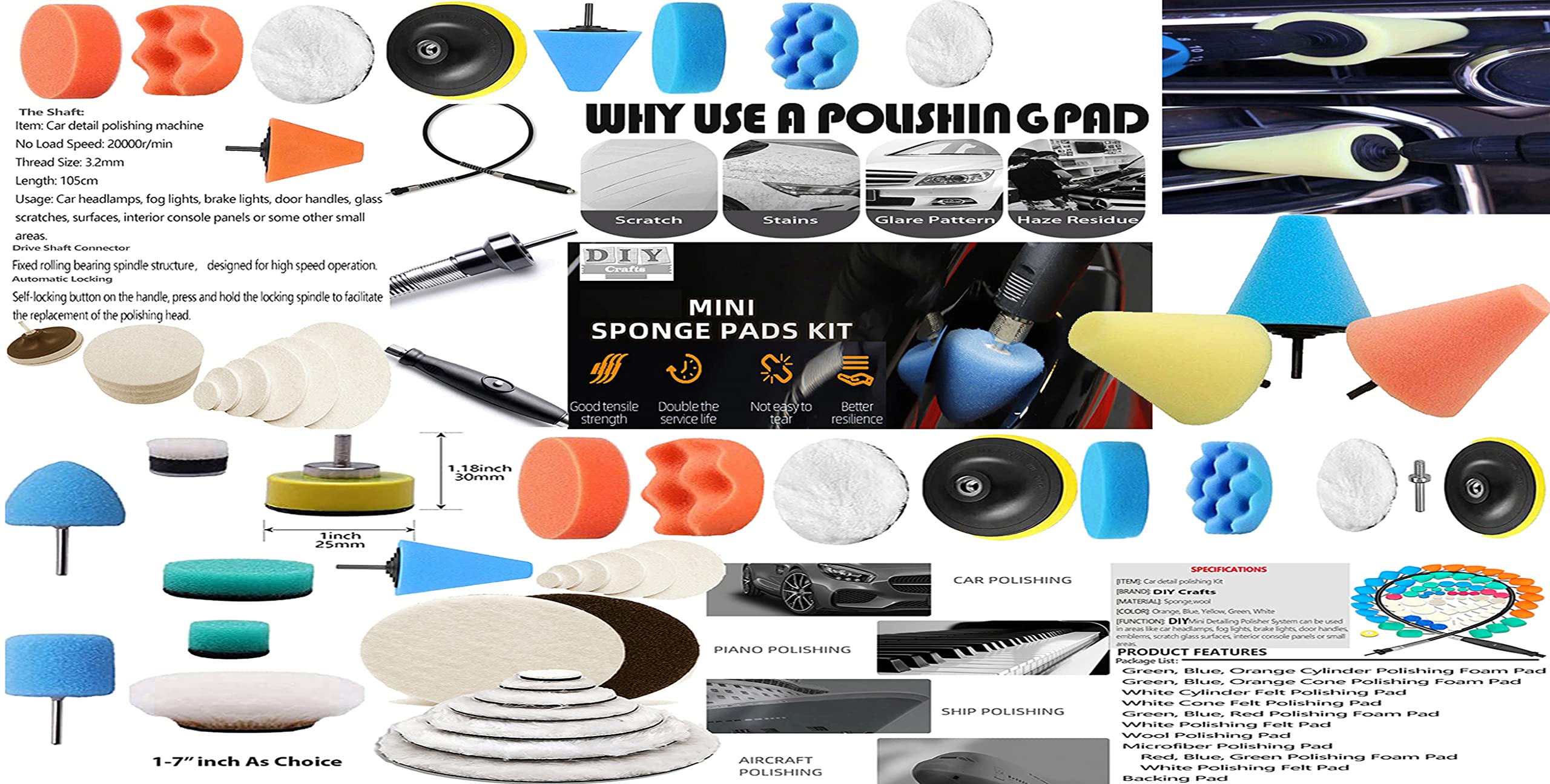 DIY Crafts Mini 1-3" inch Choice 1-7" inch in Felt Fur Sponge Buffing & Waxing Pads Drill Adapter M10/14 for Tight Areas Detailing Polishing Waxing & Sealing Glaze Accessories (90 Pcs 15x6, 7" inch) 2