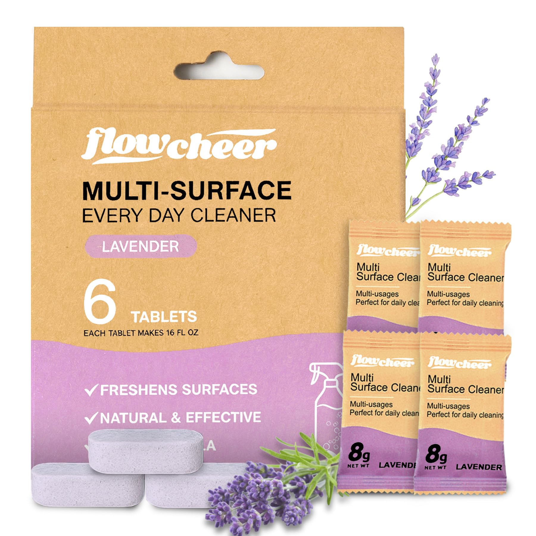 flowcheer Multi-Surface Cleaning Tablets 6 Pack for Home (Lavender)