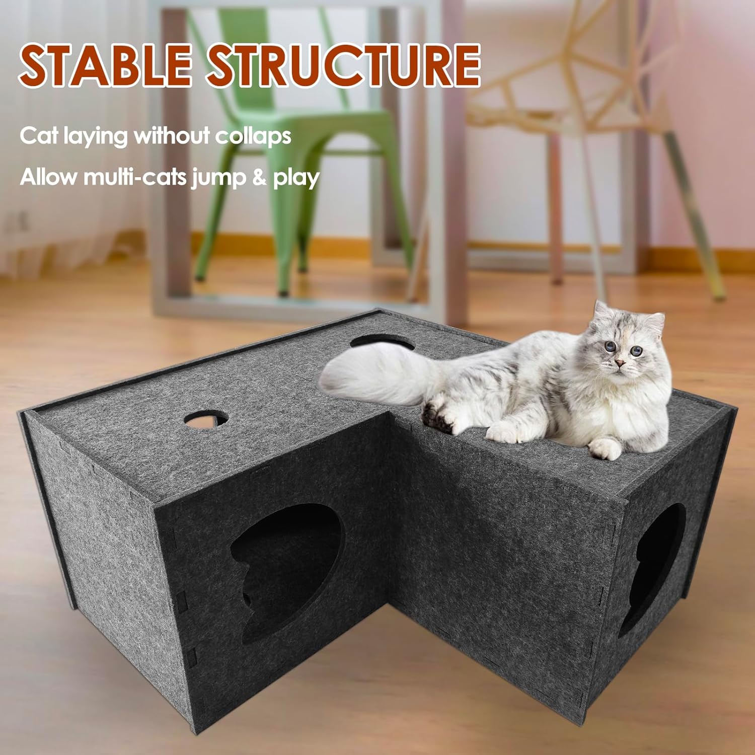 Homegroove Cat Tunnel for Indoor Cats, Large Felt L-Shape Cat Play Tunnels, Interactive Cat Tunnel Bed, DIY Peekaboo Cat Toy with Interactive Peek Holes for Cats(Grey, L-Shape)