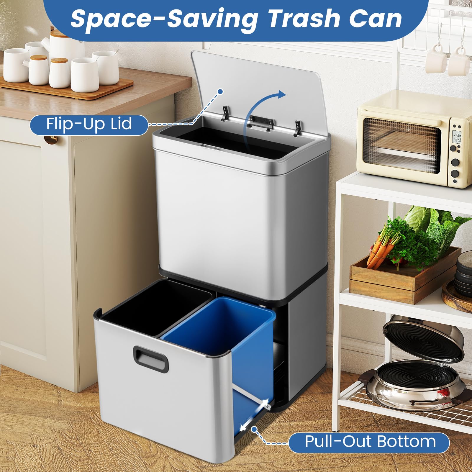 GIANTEX Cubo de Basura de Cocina 56 L con 3 Compartimentos, Papelera de Acero Inoxible con Sensor de Movimiento, Control Táctil, 2 Cubos Extraíbles y Tapa Abatible, Basurero de Reciclaje (Plata)