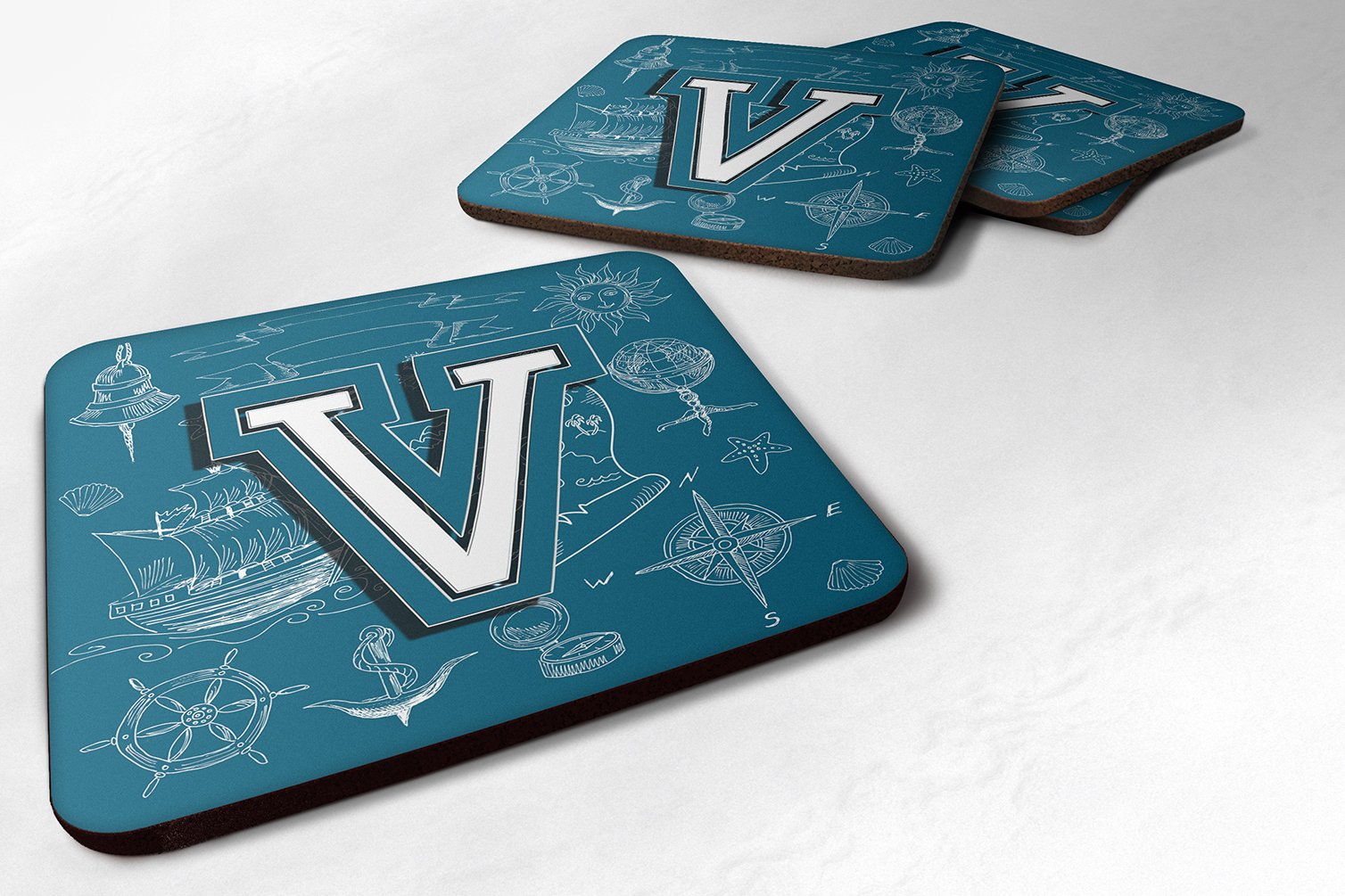 Carolines Treasures CJ2014-VFC Letter V Sea Doodles Initial Alphabet Foam Coasters, Set Of 4