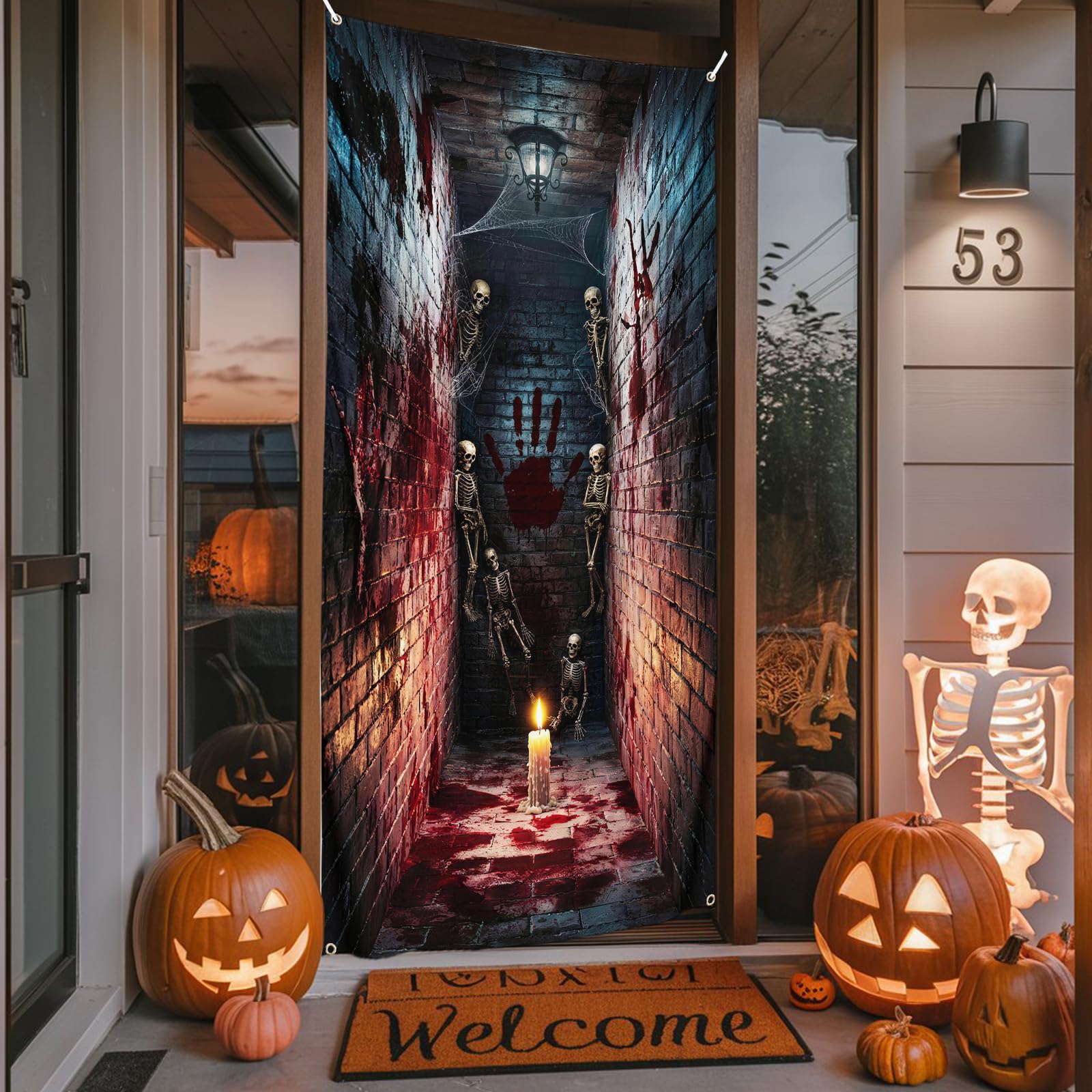 Dekoracje na drzwi Halloween, baner, cukierek albo psikus, Halloween, osłona drzwi, tkanina, horror, szkielet, korytarz, wiszące drzwi, Halloween, baner, dekoracja na drzwi wejściowe, werandę, na