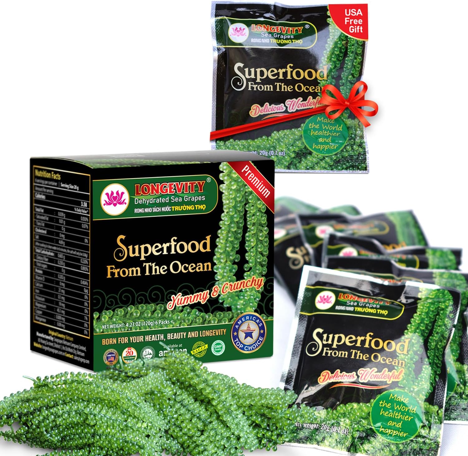 LONGEVITY SEA GRAPES Dehydrated 20Grams Of 6 Packs, Umibudo Green Caviar, Lato weed, Precious Gift From The | Enhance Health, Boosting Immune System