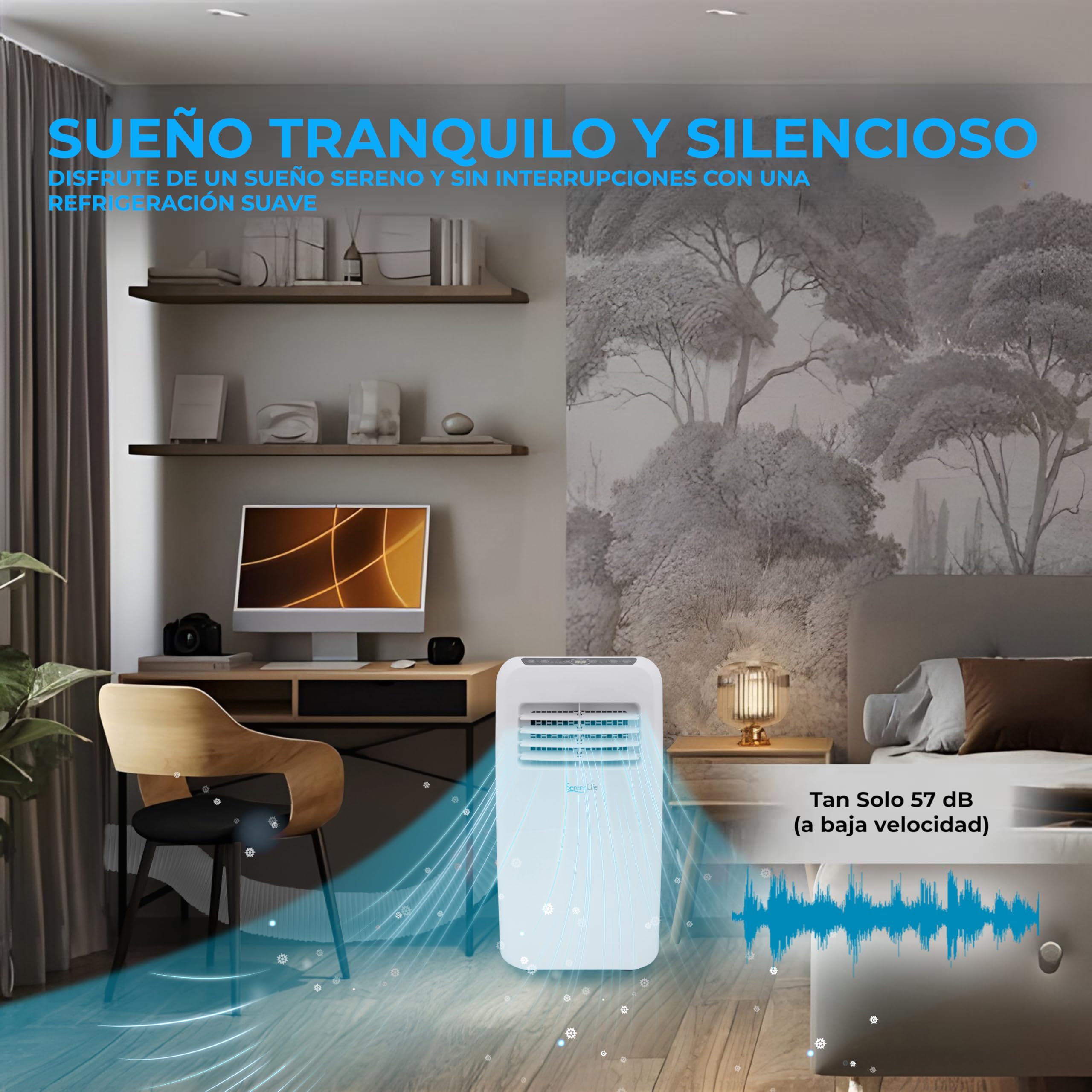 SereneLife Aire Acondicionado Portátil, 12.000 BTU, Móvil, Silencioso, Deshumidificador, Ventilador, Kit Escape Ventana, Mando a Distancia, Ideal para Casa y Oficina