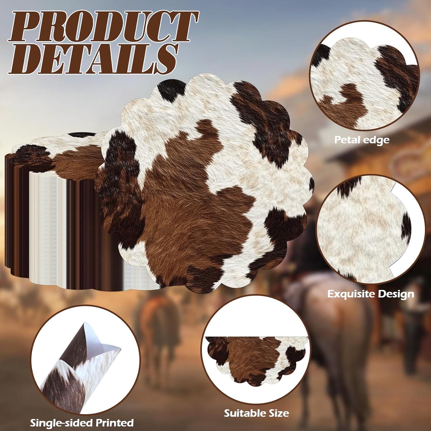 100 Pcs Cow Paper Placemats 13.5 Inches Scalloped Western Placemats Disposable Brown and White Cowhide Place Mats for Western Cowboy Party Wedding Baby Shower Rustic Party Table Decor image 3