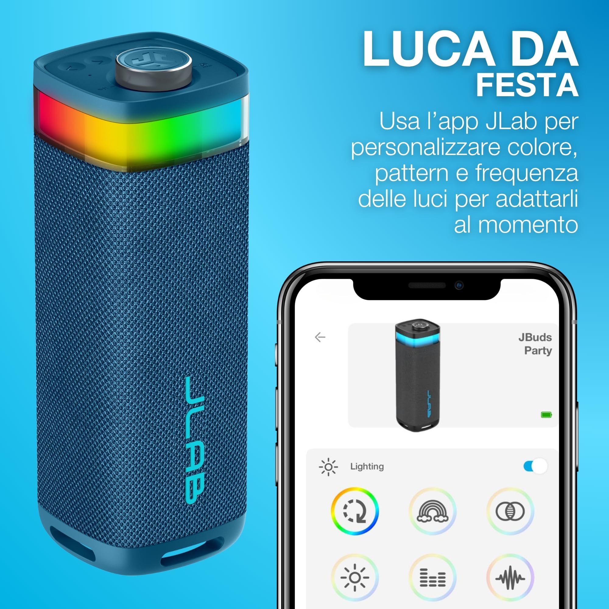 JLab JBuds Party Cassa Bluetooth Portatile - 12+ ore, Blu Navy | Altoparlante Wireless da 30W per Esterni e Viaggi con Luci RGB e Audio Potente, Resistente all'Acqua IP56