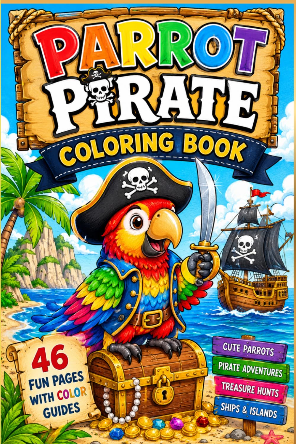 Parrot Pirate Coloring Book: Fun and Easy Coloring Adventures for Kids Ages 4-8 | 46 Pirate Parrot Coloring Pages with Color Guides, Cute Birds, Treasure Hunts, Ships, and Creative Activities