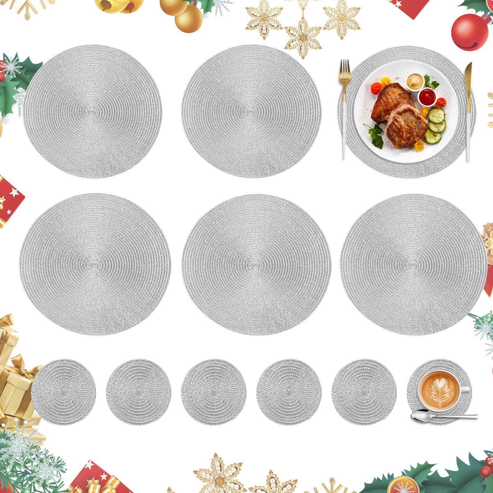 Homcomodar Christmas Silver Table Place Mats and Coasters Set of 6 Round Braided Placemats Heat Resistant Xmas Placemats Washable Dining Table Mats for Holiday Kitchen Dinner