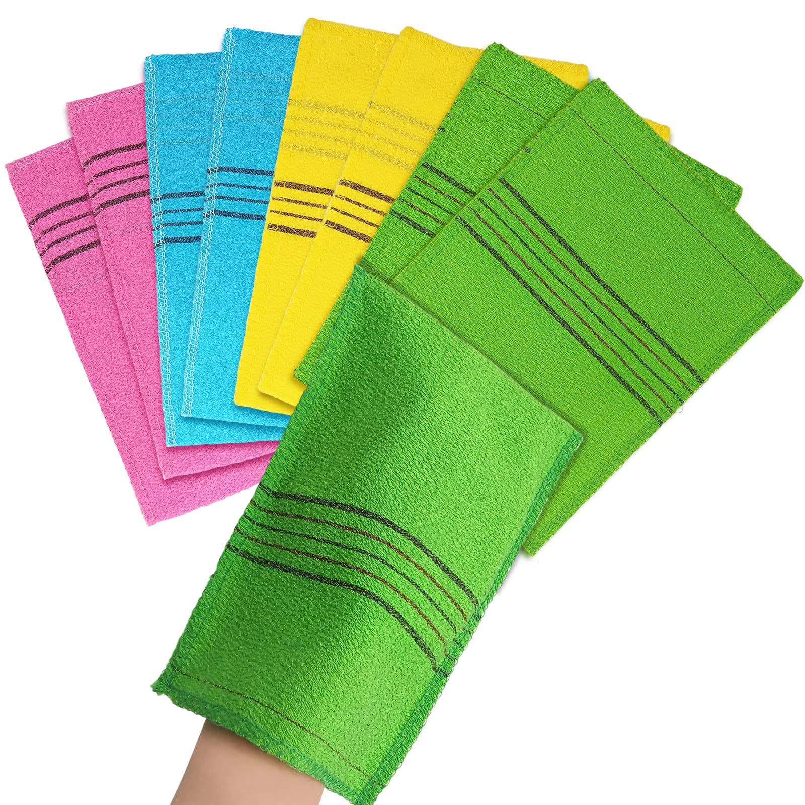 BLMHTWO Sponges 8PCS Exfoliating Bath Mitts, Korean Exfoliating Bath Washcloth Large Size Asian Italy Towel 5.5×7.5in Exfoliating Shower Towel Body Scrub Mitts for Adults (Yellow, Blue, Pink, Green)