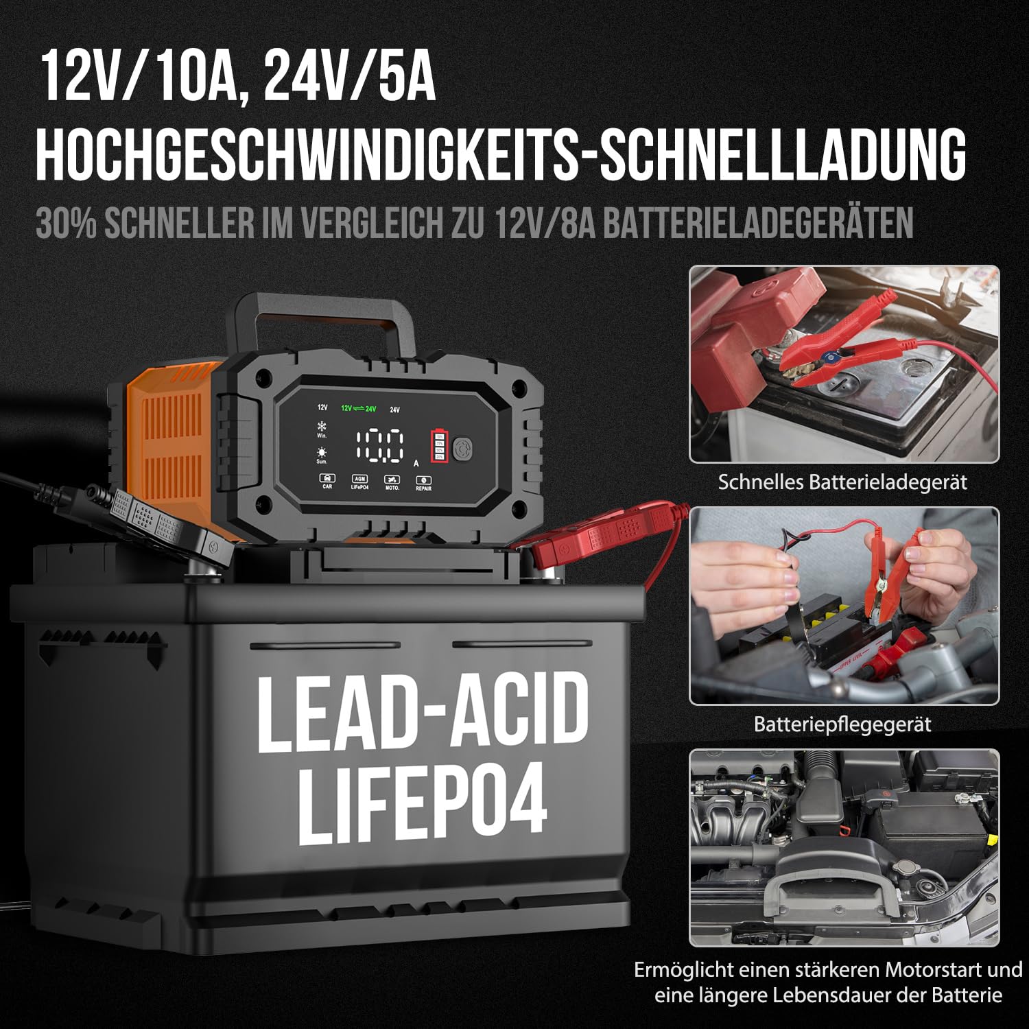 NEXPEAK NC202 10A Autobatterie Ladegerät, 12V 24V LiFePO4 Ladegerät, Batterie Ladegerät, KFZ Ladegerät, intelligenter Batterieladegerät mit Temperaturausgleich für PKW LKW Motorrad Rasenmäher