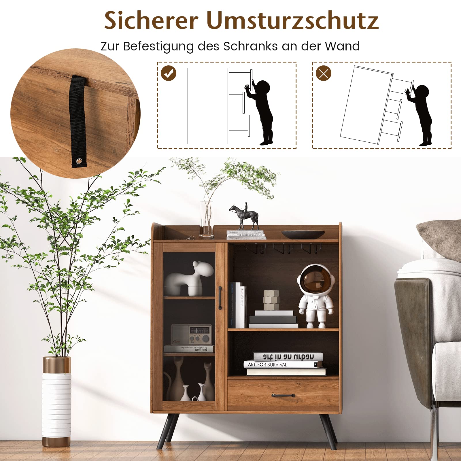 COSTWAY Küchenschrank, mit Weinregal und integrierten Glashaltern, Buffetschrank Holz, Sideboard mit Schublade & Glastür, Vintage, 80 x 40 x 95 cm
