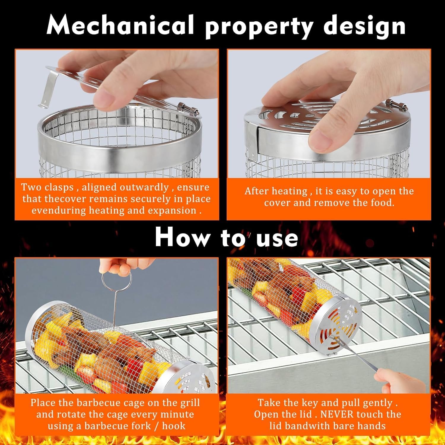 Grill Basket, Stainless Steel Round Silver, Set of 2, Large Mesh Barbecue Cylinder Cage Cooking Baskets for Outdoor Grilling, Suitable for Vegetable, Fries, Fish, Shrimp, Grill BBQ Net Tube