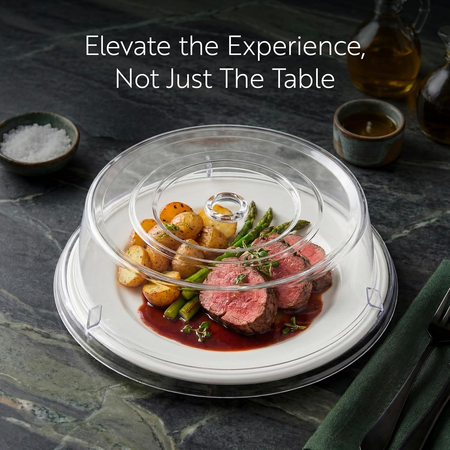 Restaurantware Cater Tek 9.4 Inch Polycarbonate Plate Cover 1 Shatterproof Dish Cover - Dishwashable For 9-Inch Plate Clear Plastic Splatter Cover Finger Hole Design Endures Up To 210F