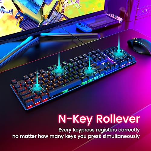 Miniatura 8 de RisoPhy Teclado mecánico para juegos, RGB de 104 teclas ultradelgado con retroiluminación LED, teclado USB con cable con interruptor rojo, teclas