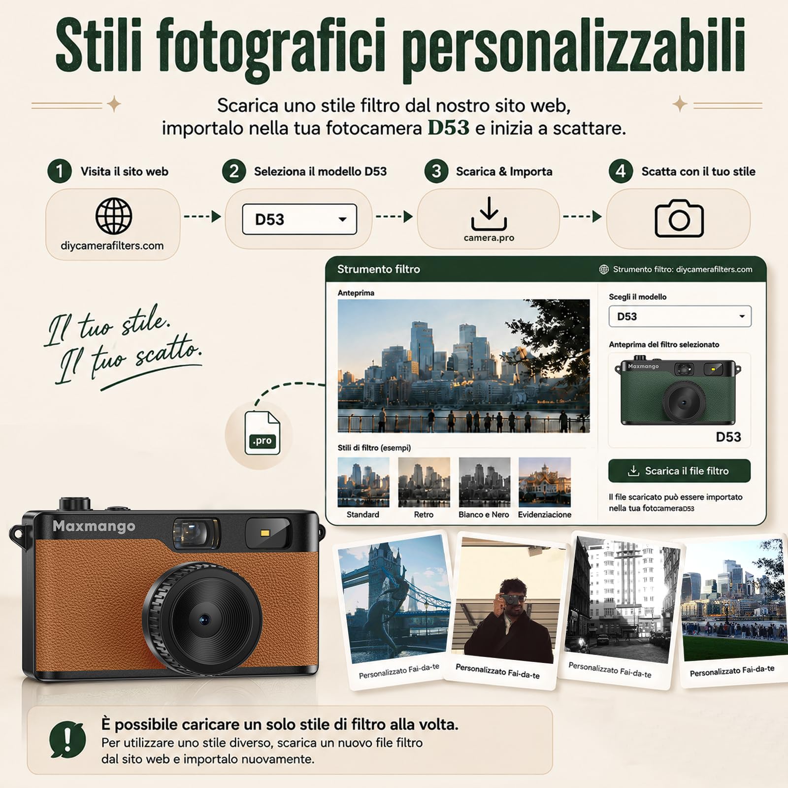 Maxmango D53 Fotocamera Digitale Compatta Senza Schermo, Fotocamera Vintage Retro 12 MP Catturare Momenti Reali, Filtri DIY Scaricabili, USB-C, Scheda SD da 8 GB Inclusa, Fino a 4000 Foto (Marrone)