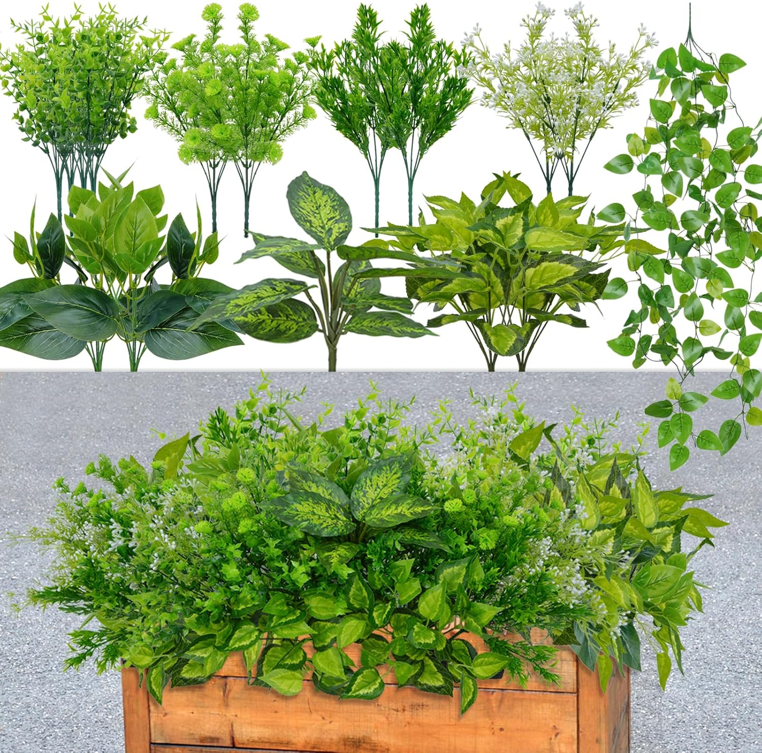 Faux Greenery for Outdoor Planters, 16 Bundles Realistic Fake Green Plastic Plants Artificial Bushes Decor Greenery for Outdoors UV Resistant for Garden Patio Porch Window Box
