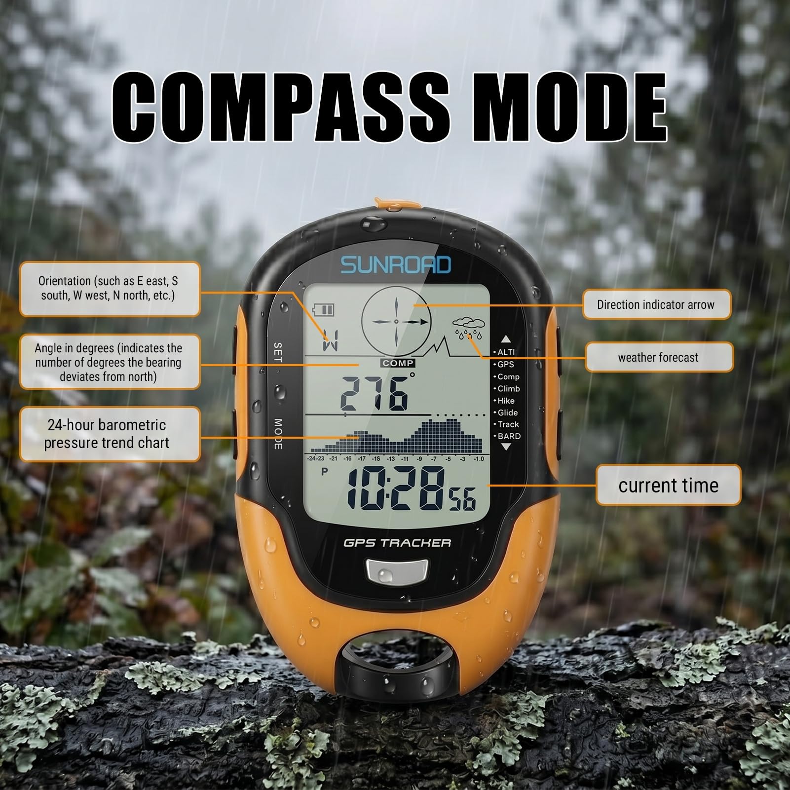 Misuratore GPS, barometro GPS, 100 × 66 × 20 mm, IPX4, impermeabile, multifunzione, con sensore ad alta precisione, torcia LED