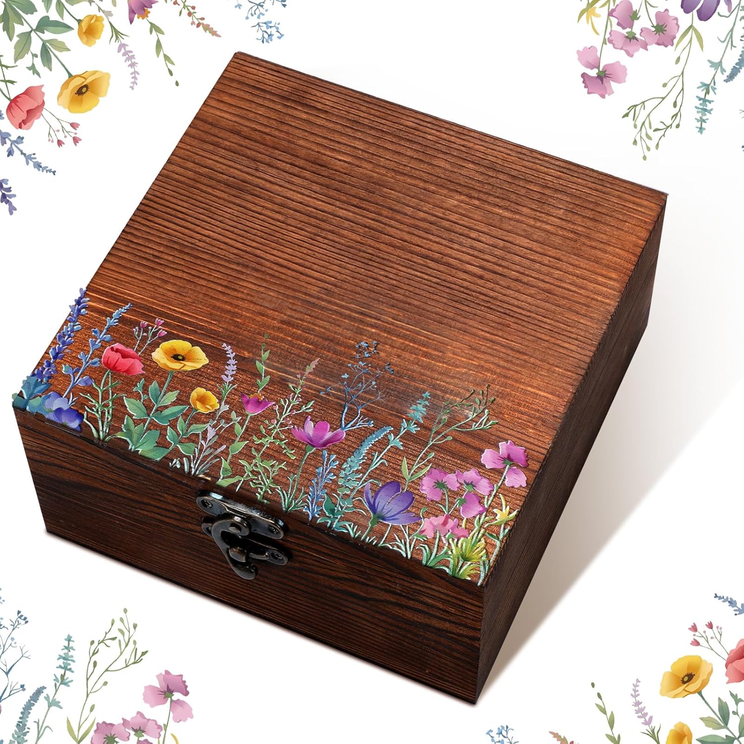 Gerrii Wildflower Wooden Keepsake Box Wedding Baby Shower Spring Flower Memory Storage Box with Buckle for Birthday Bridal Shower Graduation Baby in Bloom Party Supply(11.02 x 8.86 x 4.92 Inches)