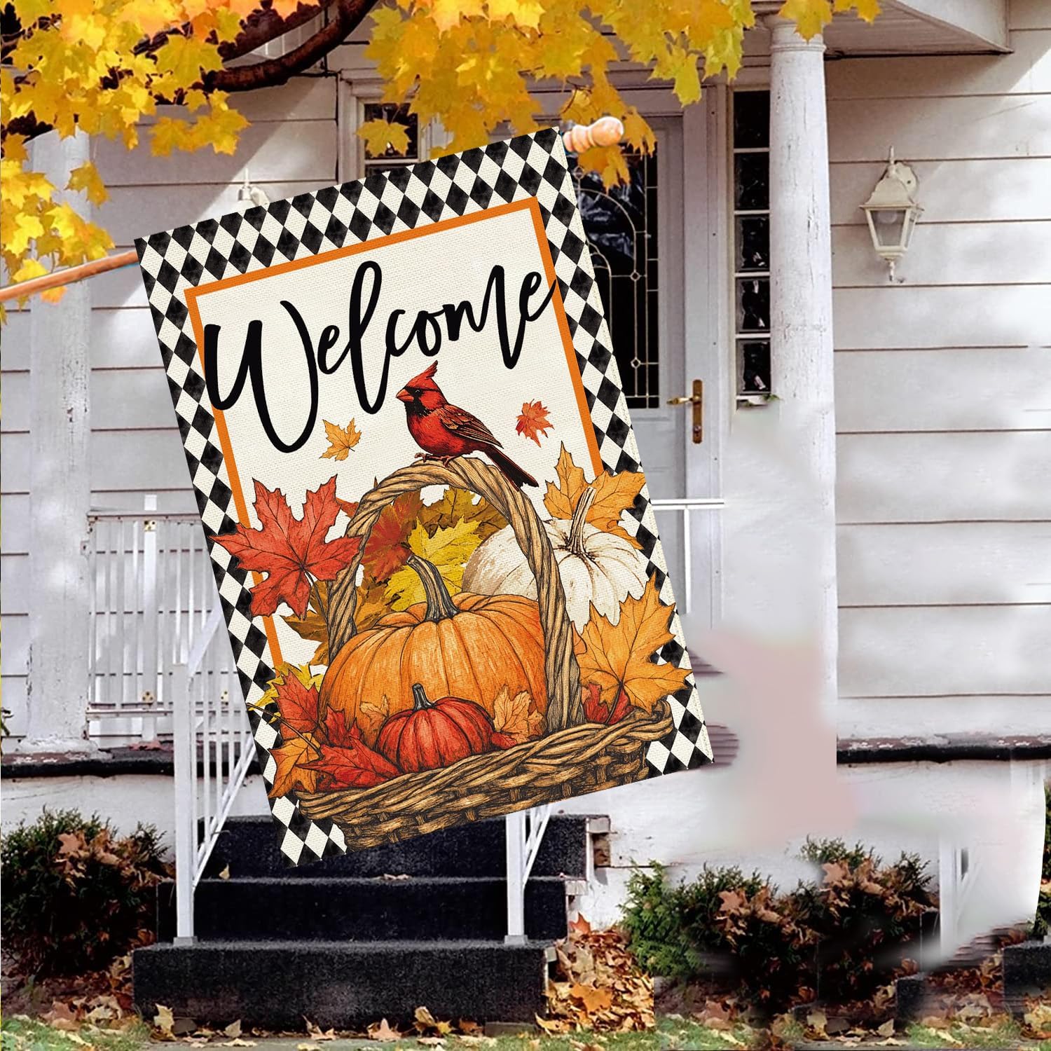 Baccessor Fall Cardinals House Flag 28x40 Inch Double Sided,Pumpkin Autumn Buffalo Check Thanksgiving Large Garden Yard Flag Burlap Seasonal Welcome Yard Outdoor Outside Holiday Decoration