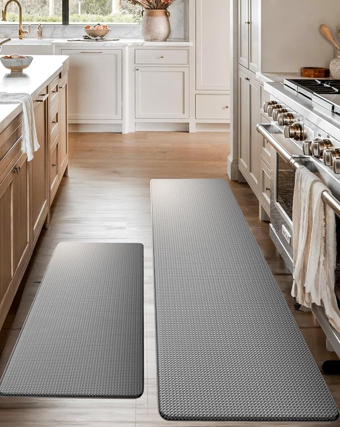 Homergy Anti Fatigue Kitchen Mats for Floor 2 PCS, Memory Foam Cushioned Rugs, Comfort Standing Desk Mats for Office, Home, Laundry Room, Waterproof & Ergonomic, 17.3×30.3 & 17.3×59, Grey