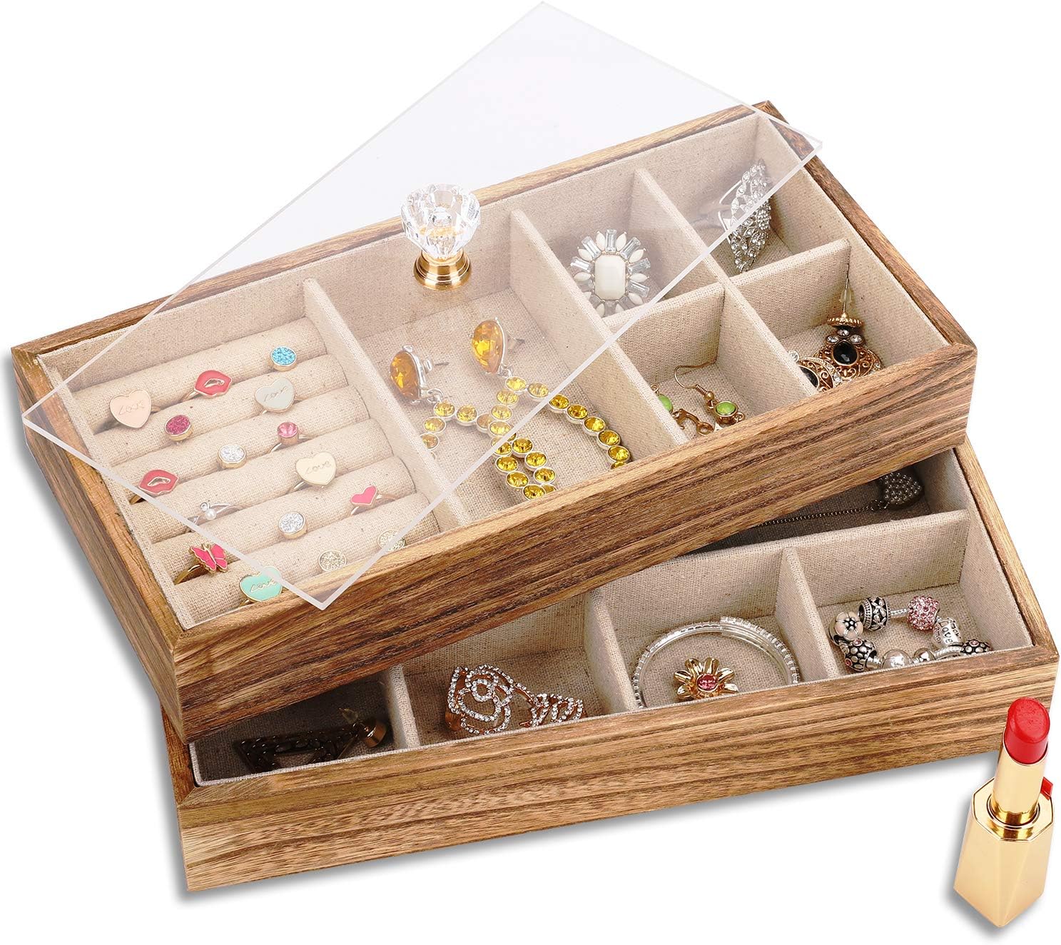 Keebofly Jewelry Tray with Lid Rustic Wood Jewelry Organizer Box Display with 2 Stackable Layers Jewelry Holder for Earrings Rings Necklaces - Carbonized Black