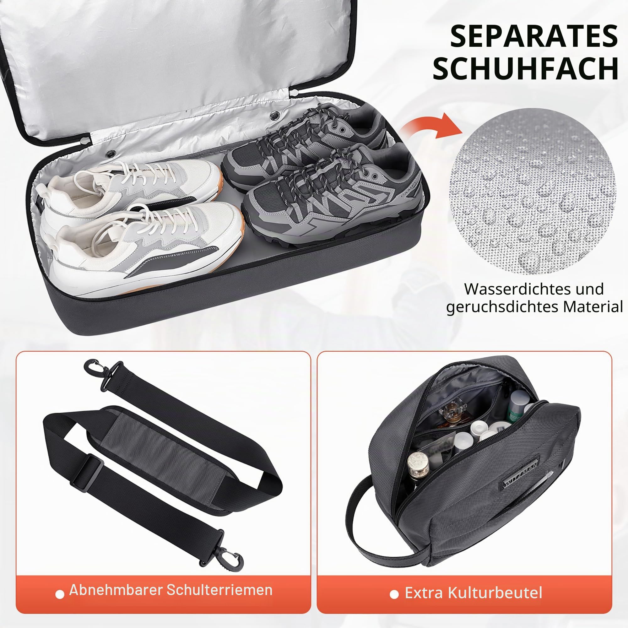WITZMAN Reisetasche Herren 55L Nylon Weekender Duffle Bag mit Kulturbeutel | Mehrere Taschen mit Schuhfach und Nassfach, Handgepäck Flugzeug, Konvertierbar für Reisen, Sport, Weekender, B696 Silbergrau