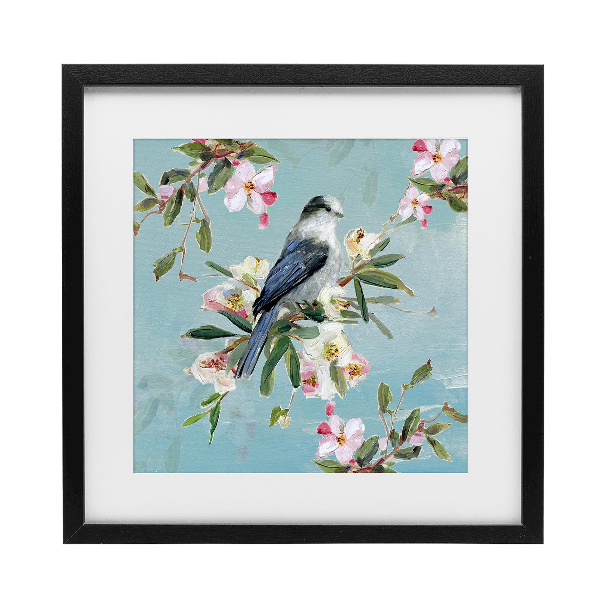 Stupell Industries 'Pastel Songbird Among Blossoms', Framed Print Under Glass, Black, 16 x 16 Inches, Easy to Hang and Sturdy, Made in USA, by Sally Swatland