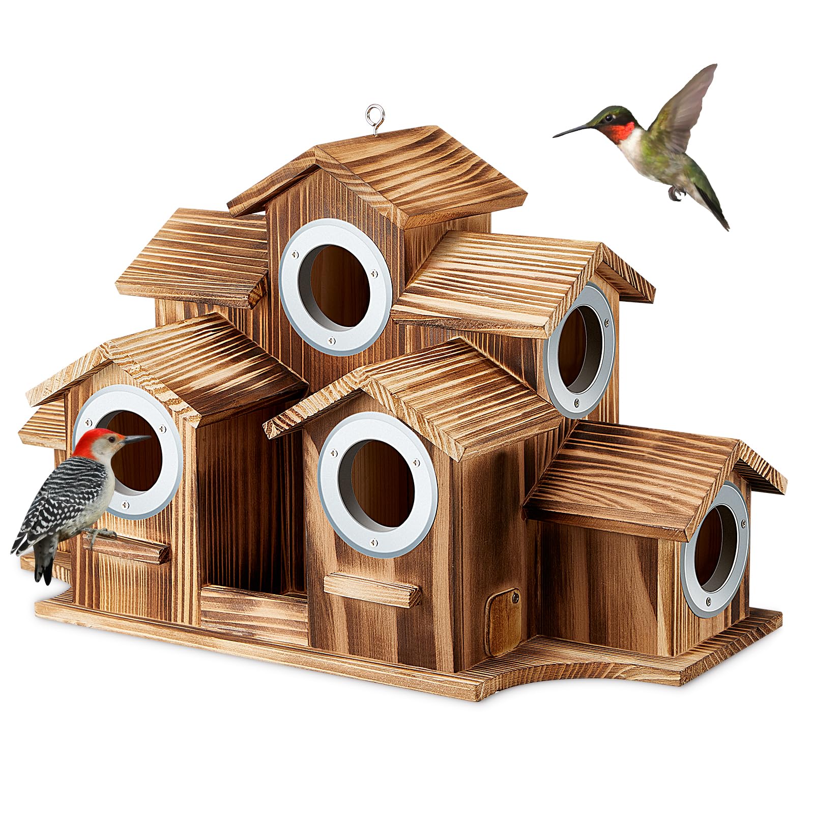 Bird Houses for Outside, 7 Rooms Wooden Hanging Nesting Box Cottages Feeder for Small Birds Outdoors