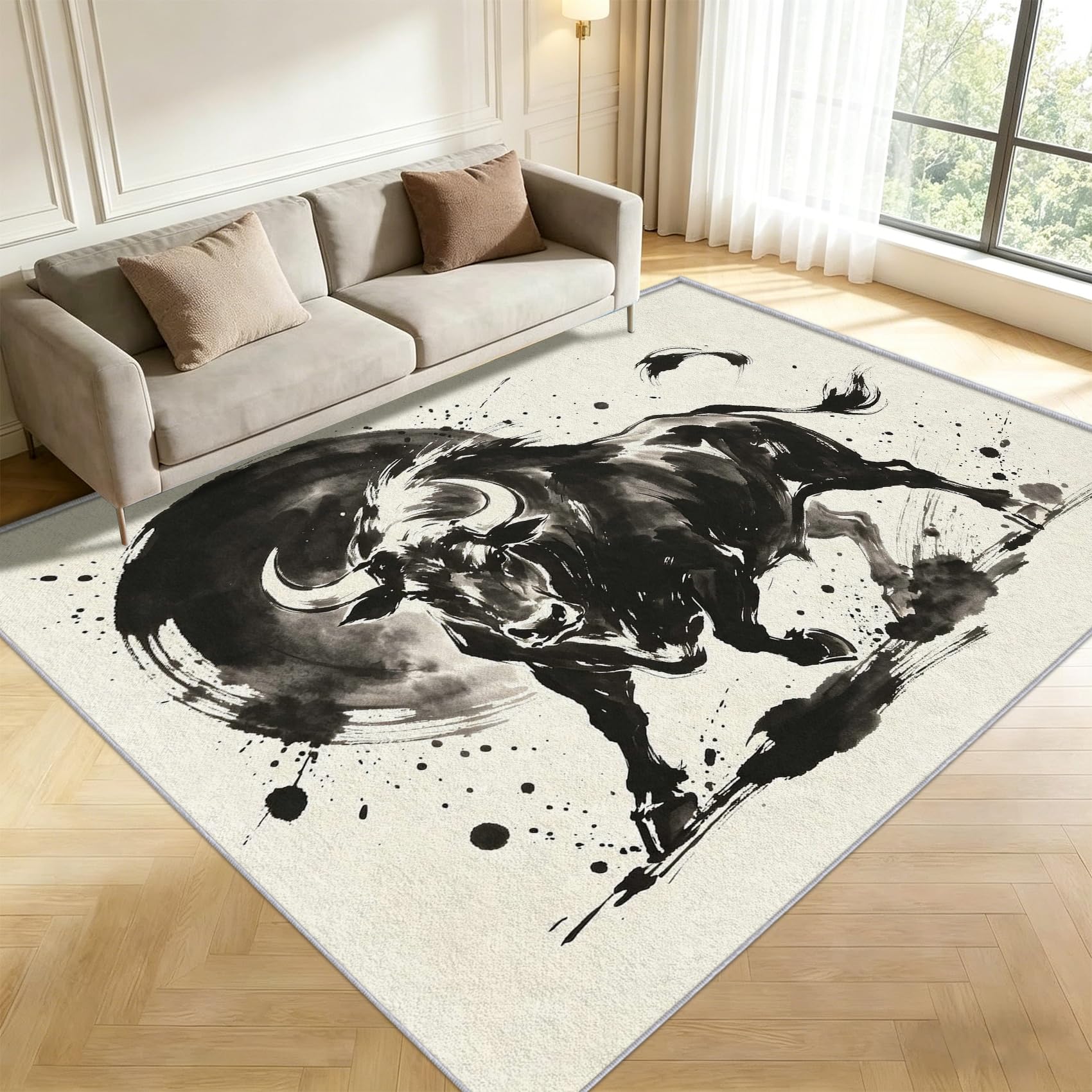 Tapis Carré 200x200cm Peinture à L'encre de Chine 3D Imprimé Poils Courts