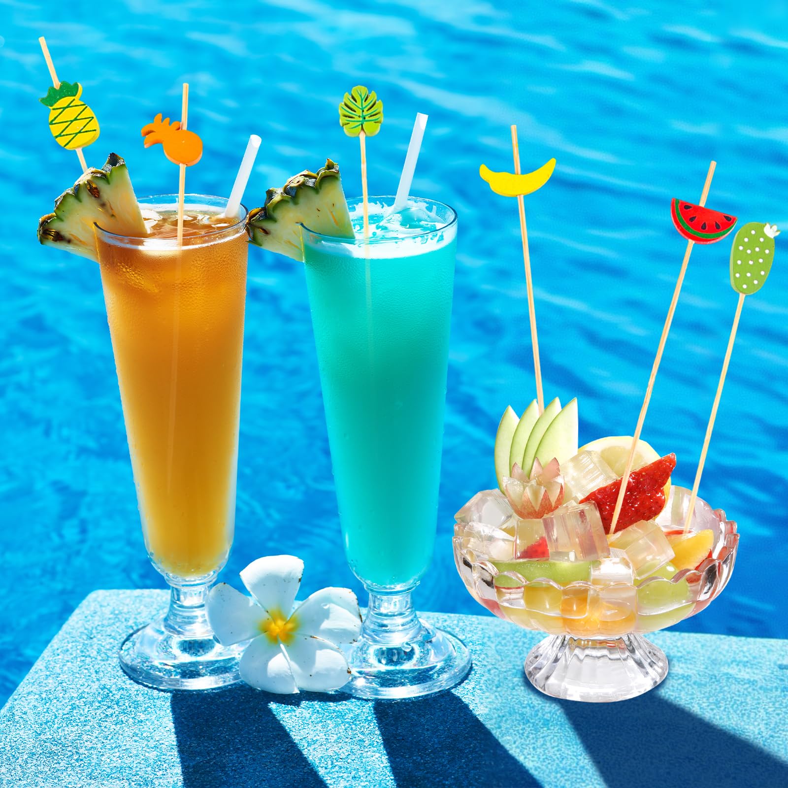 CIYIN 100 Pezzi Bastoncini Cocktail, Stecchini per Aperitivo, 12 cm Stuzzicadenti in Legno per Frutta con Motivo Tropicale, Stuzzicadenti Decorativi, per Antipasti Frutta Dessert