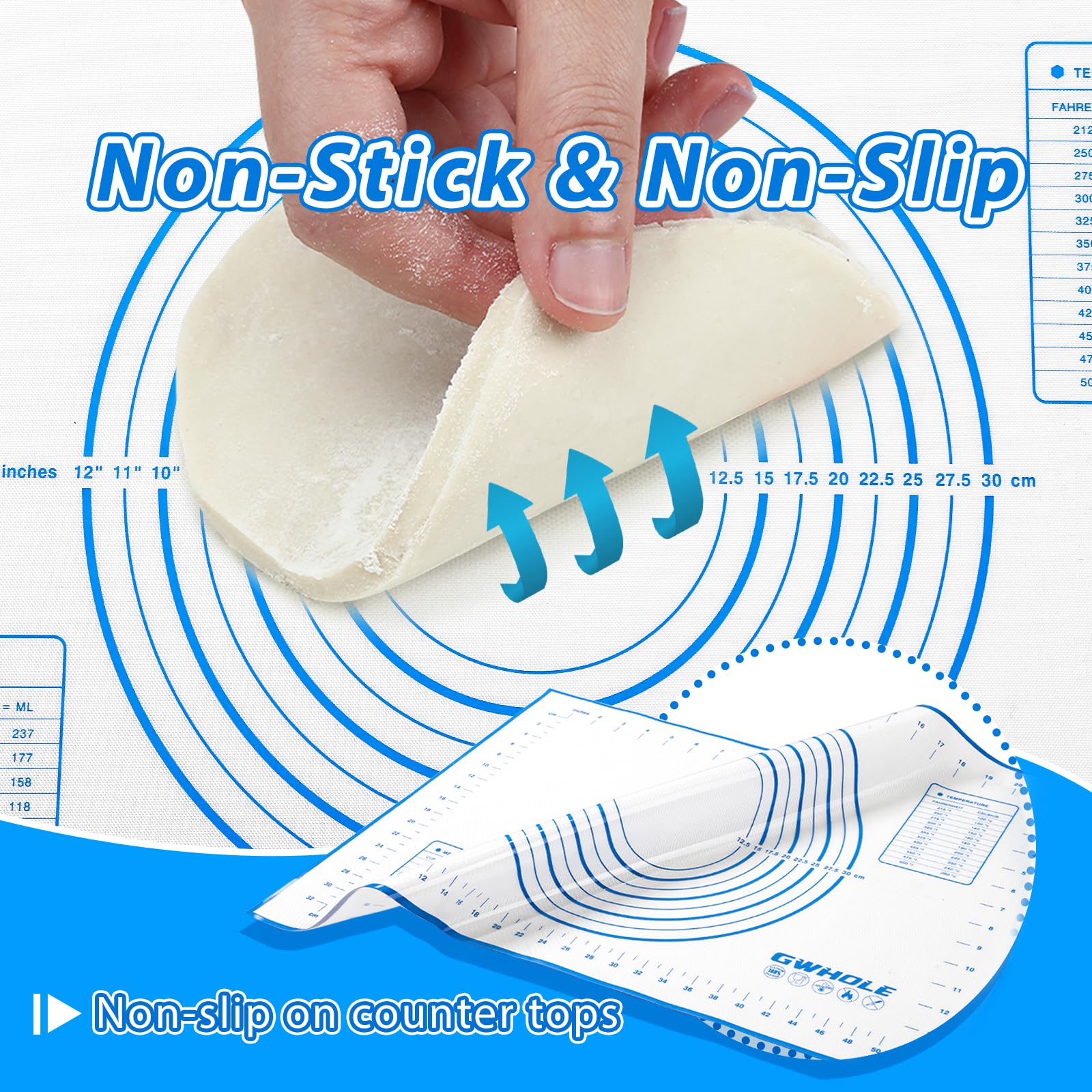GWHOLE Non Stick Silicone Baking Mat with Measurement 40 x 60cm Large Dough Rolling Kneading Mat Non Slip Pastry Mat - Image 4