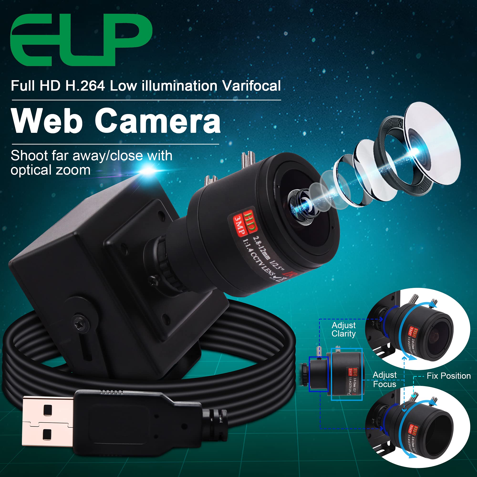 ELP Varifokus Objektiv Web Kamera 1080P USB Computer Business Webcam,2.8-12mm Zoom Objektiv,Weitwinkel,Plug & Play,2 Megapixel IMX323 Sensor 0.01Lux Streaming Web Kamera für Windows Android Linux