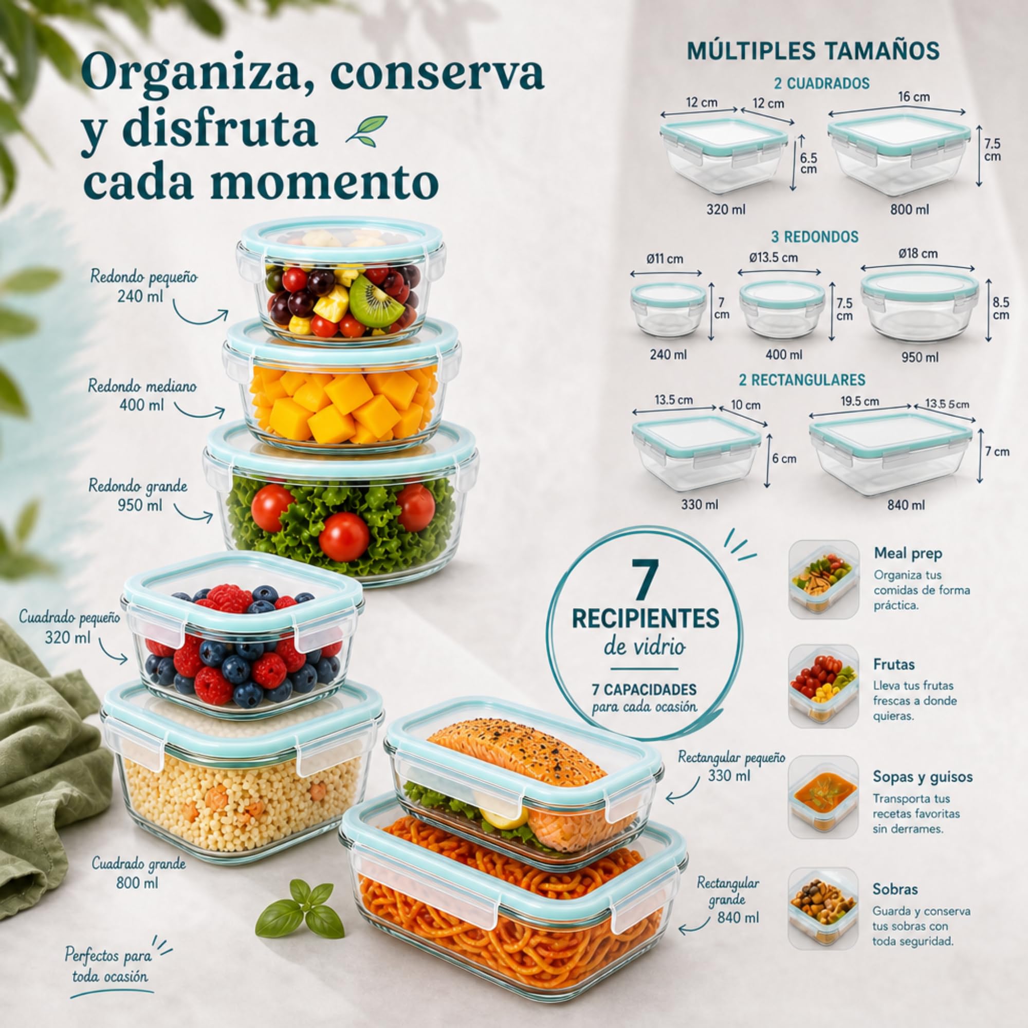 edihome, Recipientes de Cristal para alimentos, 14 Piezas (7 recipientes + 7 tapas), para Comida Hermetico, Apto para lavavajillas, congelador, microondas, sin BPA (7 Recipientes)