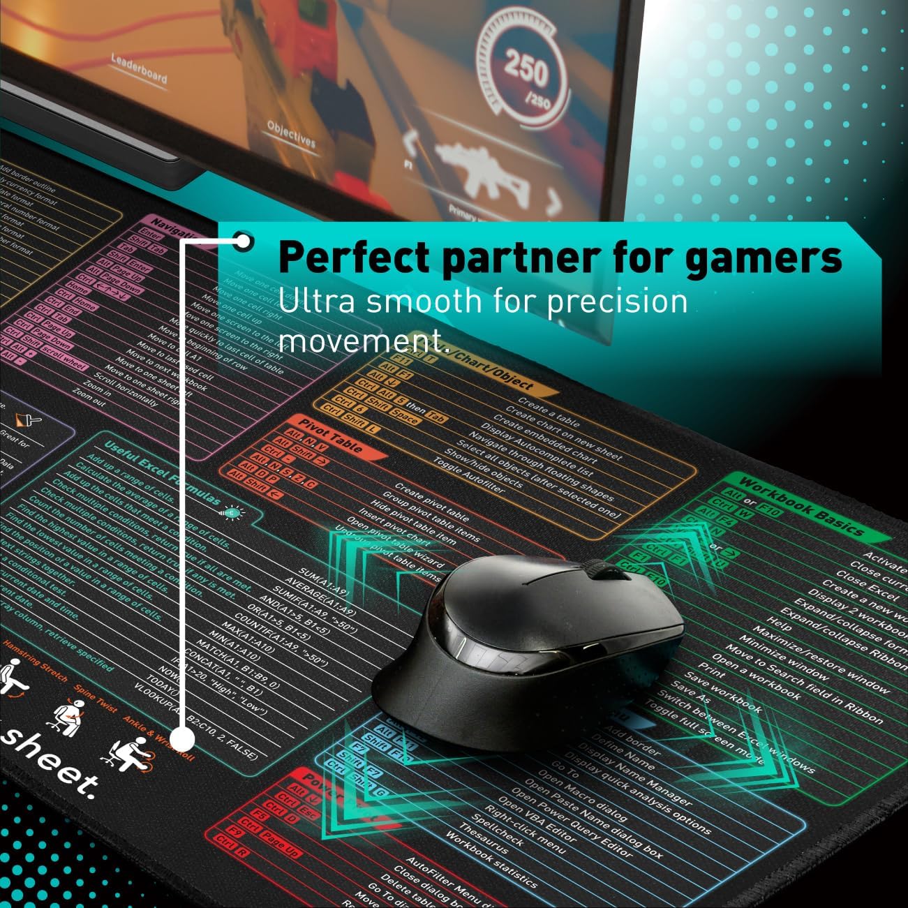 Pixiecube Excel Shortcut Keys Mouse Pad - Extended Large XXL Cheat Sheet Gaming Mousepad | PC Office Spreadsheet Keyboard Mat | Non-Slip Stitched Edge