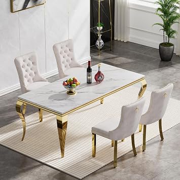 Henf 5 Piece Marble Dining Table Set for 4, 68 Modern Kitchen Dining Room Table and Beige Chairs Set for 4, White Gold Dinner Table Set for 4 with Mirrored Stainless Steel Legs for Dining Kitchen