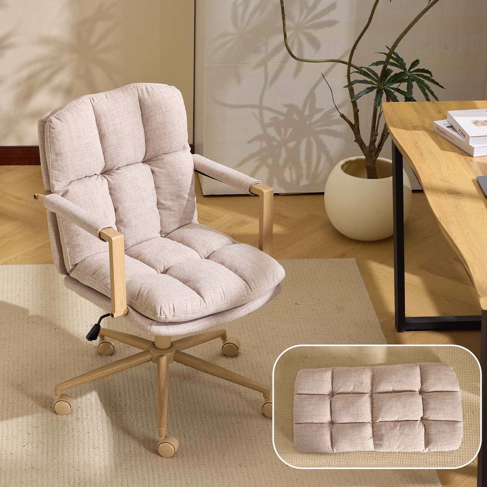 Bonnlo Comfy Linen Office Desk Chair with Wheels & Detachable Cushions & Wood-Like Armrests,Swivel Small Computer Chair,Adjustable Vanity Chair for Girl,Teen/Kids,Home Office,Bedroom (Khaki)