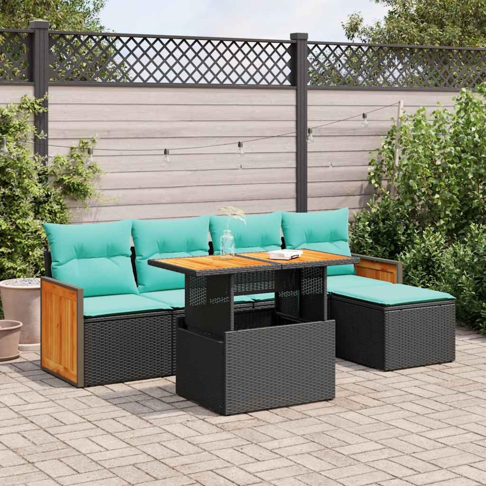 Set Divano da Giardino 6 pezzi con Cuscini Nero Polyrattan, materiale resistente e durevole, custodia resistente all'acqua, cuscini sfoderabili e lavabili, spazio di conservazione, mobili da esterno p
