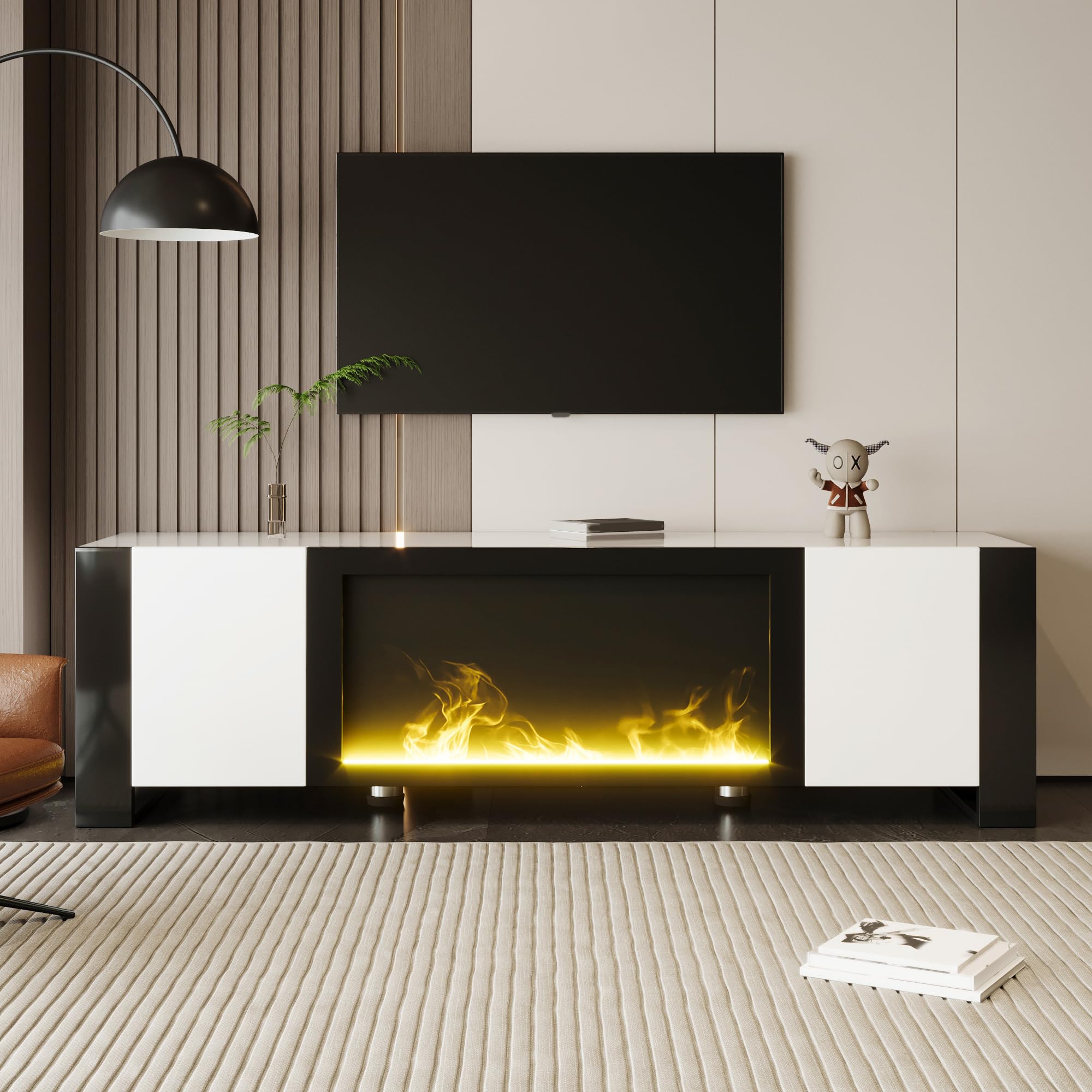 Homgoday Soporte para TV con Chimenea Eléctrica Decorativa, Mueble para TV de 2 Puertas con Estantes, Diseño Moderno Blanco de Alto Brillo con Patas Negras, para Salón y Entretenimiento