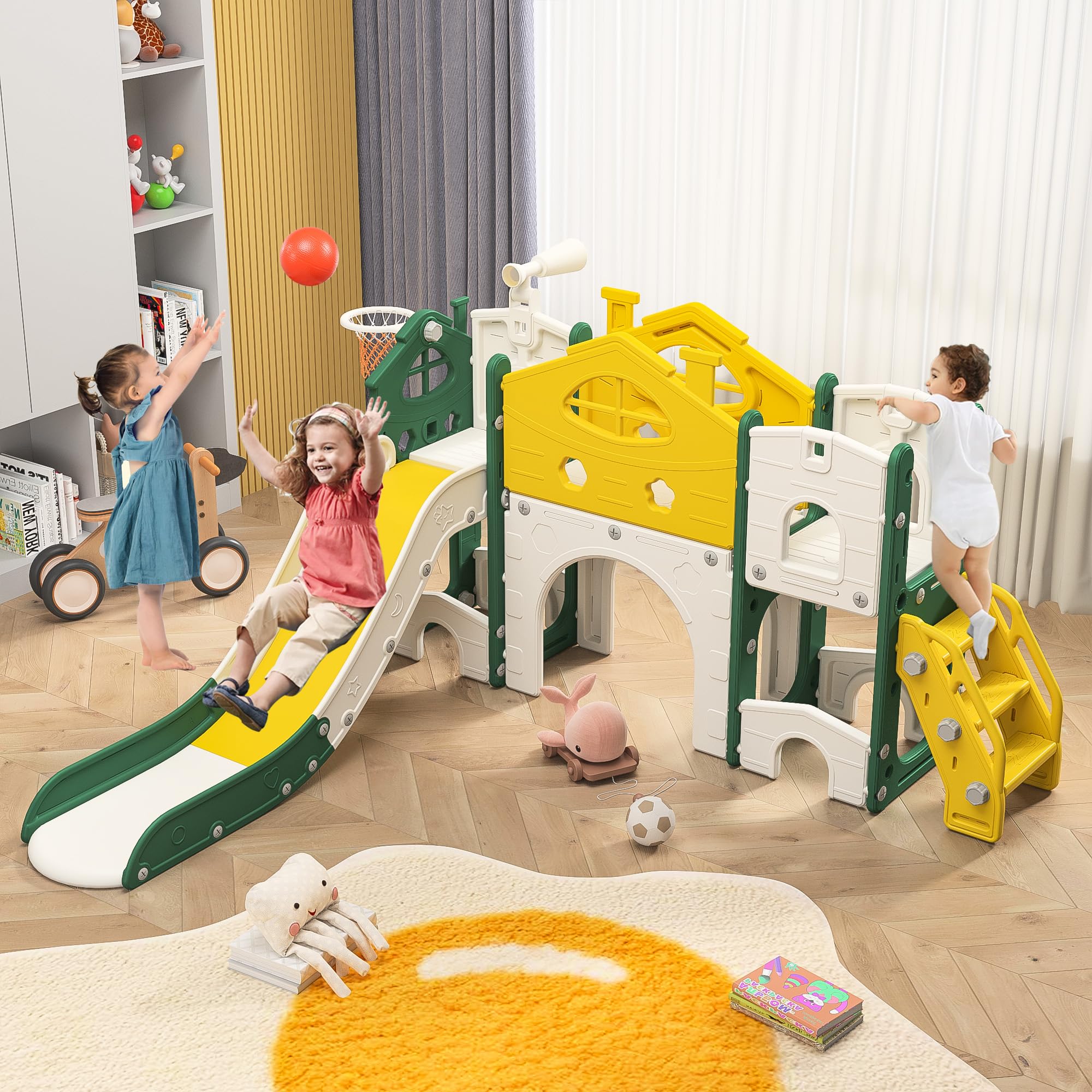 Kinder Rutsche, 7 in 1 Kinderrutsche mit Slide, Climber, Telescope, Small Window, Basketballkorb, Storage Space und Tunnel, Indoor-Kunststoffrutschenset, Montessori-Spielzeug für Den Spielplatz