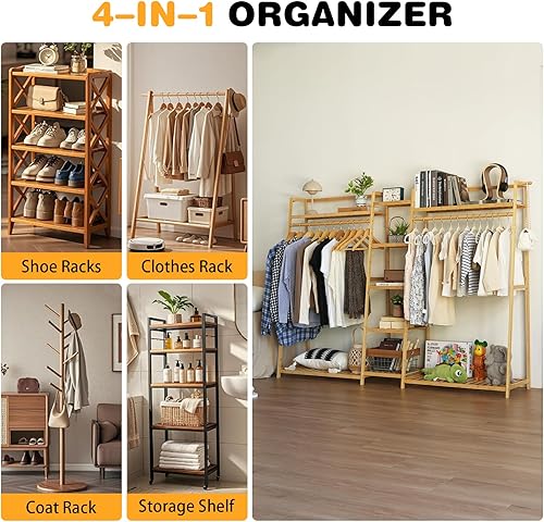 Miniatura 5 de Estante de bambú para ropa de 9 niveles, estante para colgar ropa, organizador de armario portátil con estante superior, estantes de almacenamiento