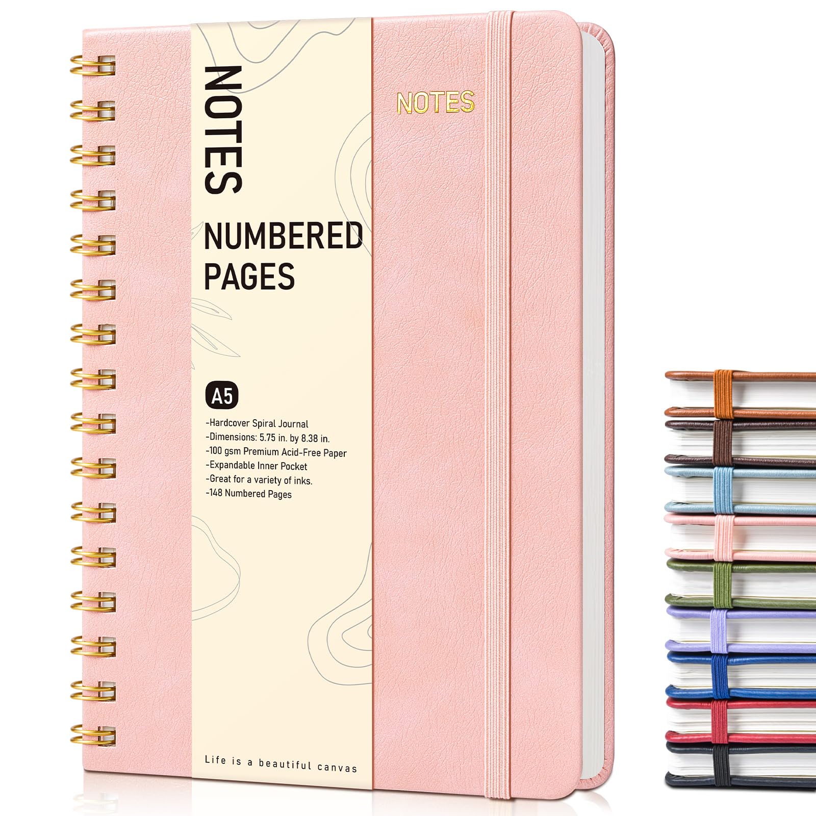 PAPEJOON Lined Spiral Journal Notebook for Women, A5 Hardcover Notebooks for Work, 150 Numbered Pages Pink Notebook, 100GSM College Ruled Journals for Writing, Note Taking, 5.75" x 8.38"