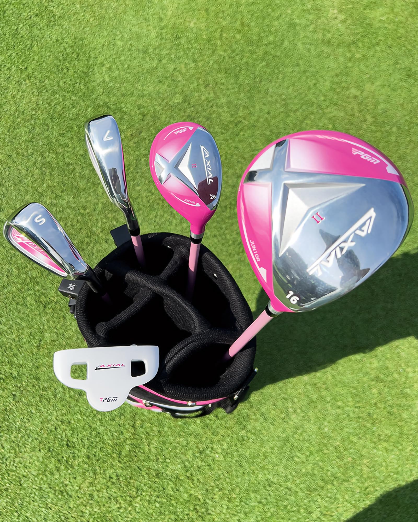 PGM AXIAL - Juego completo de palos de golf para diestros y niños, 5 palos de golf juveniles con bolsa de soporte y 1 funda para la cabeza para niños y niñas