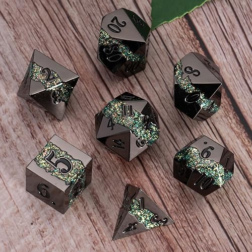 Juego de dados de metal con purpurina negra, juego de dados DND de rayas poliédricas con caja de regalo, juego de 7 piezas de RPG Solid Dungeons and