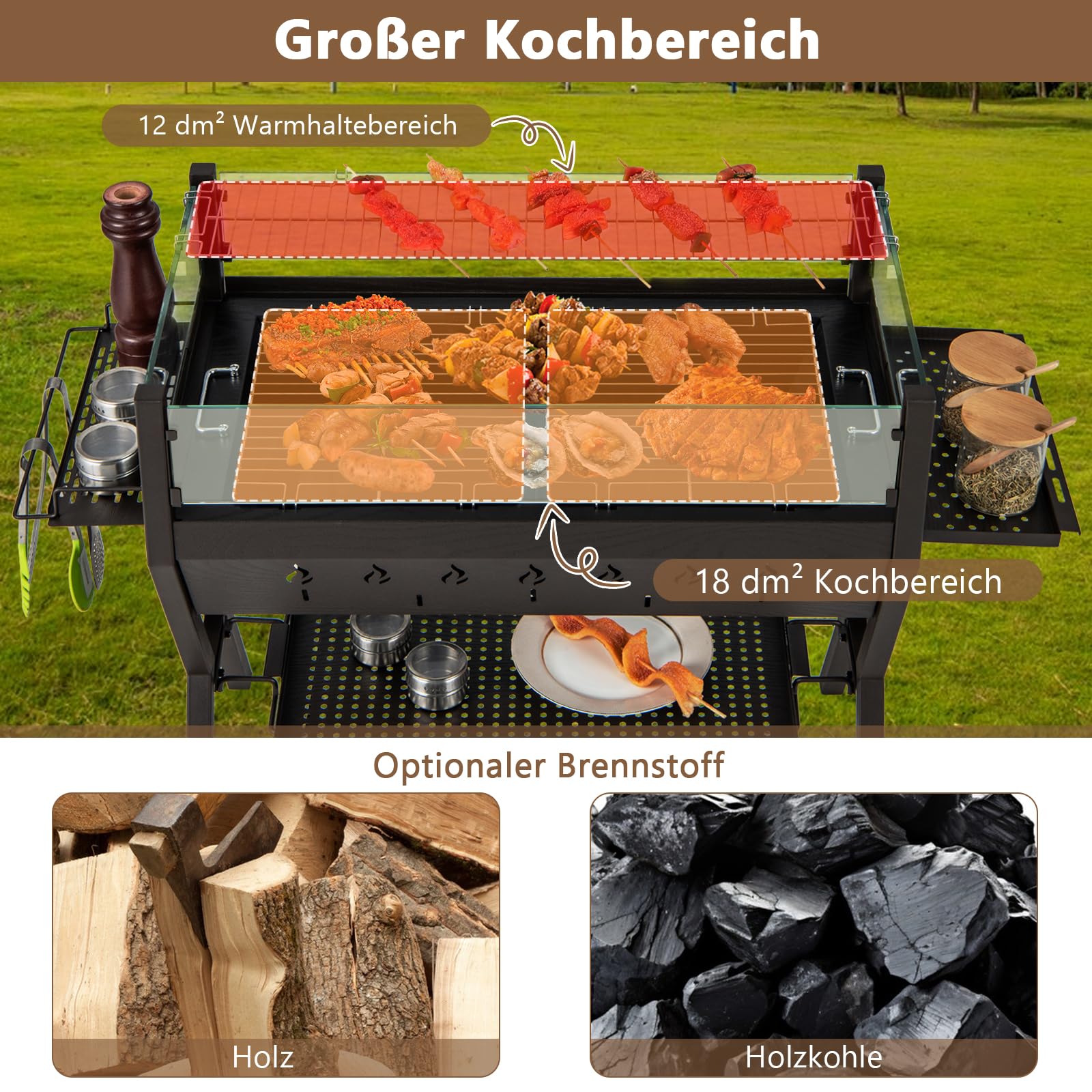GOPLUS Grill na węgiel drzewny 3 w 1, wielofunkcyjny grill ogrodowy ze stali nierdzewnej z dużą powierzchnią grillowania, ochroną przed wiatrem i półkami, stojący grill BBQ na piknik, imprezę, kemping