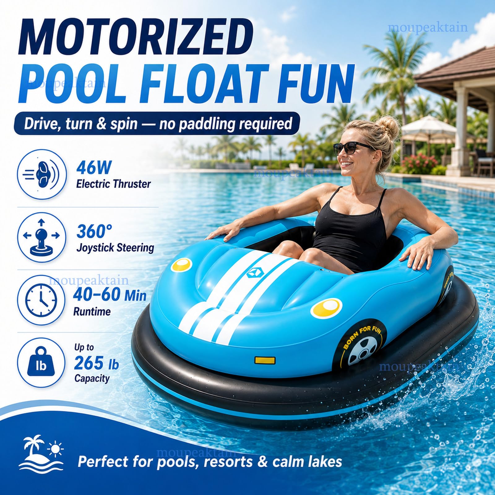 Aufblasbares Motorboot, Elektrischer Poolliege Für Erwachsene, 46 W | Mit Schlauchboot, Elektroantrieb, 2600-Mah-Akku, Luftpumpe Und 5 Düsen, Belastbar Bis 120 Kg