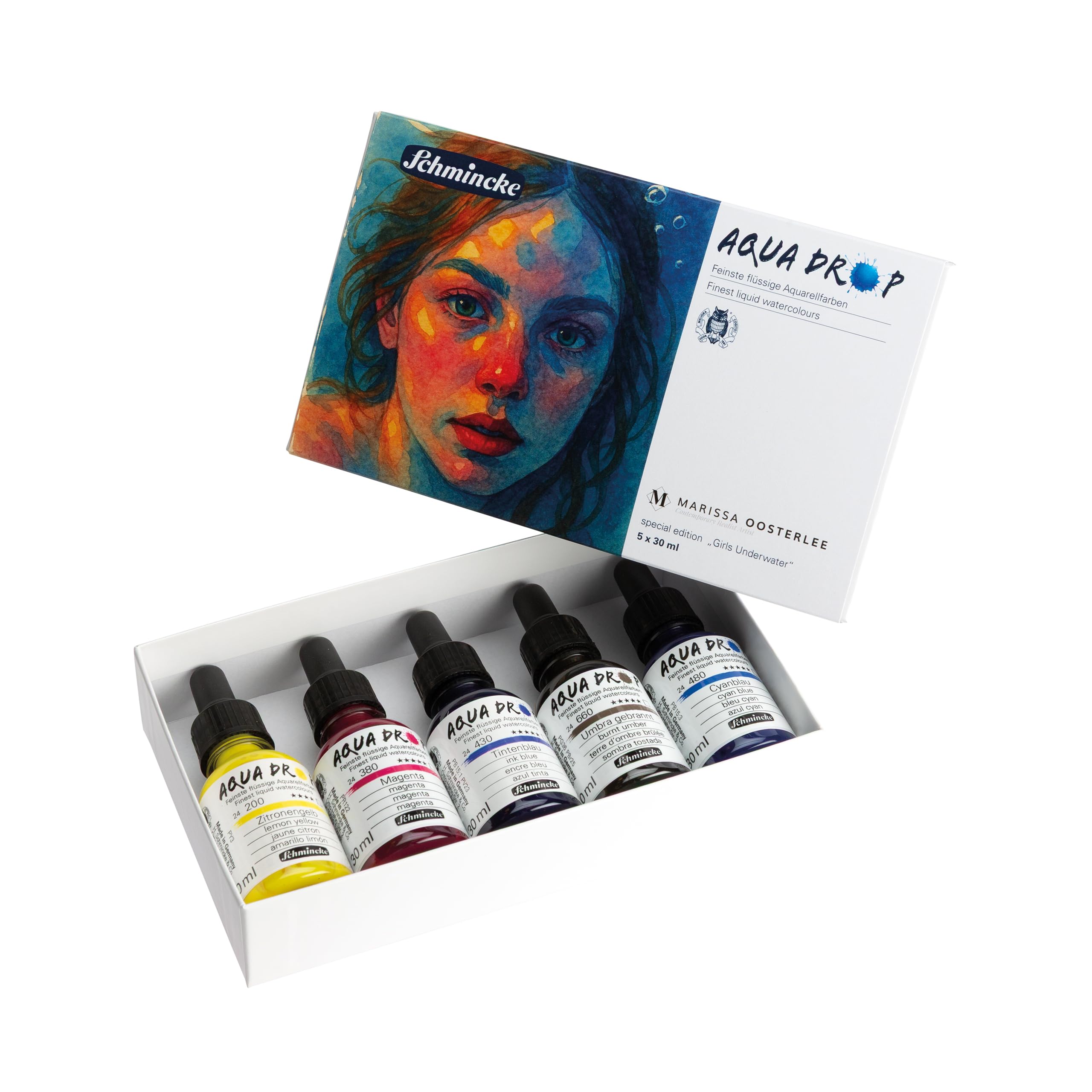 Schmincke - AQUA DROP, Kartonset mit 5 x 30 ml, 78705097, Edition Marissa Oosterlee, feinst-flüssige Aquarellfarbe für Aquarellmalerei, Lettering, Sketching und Airbrush