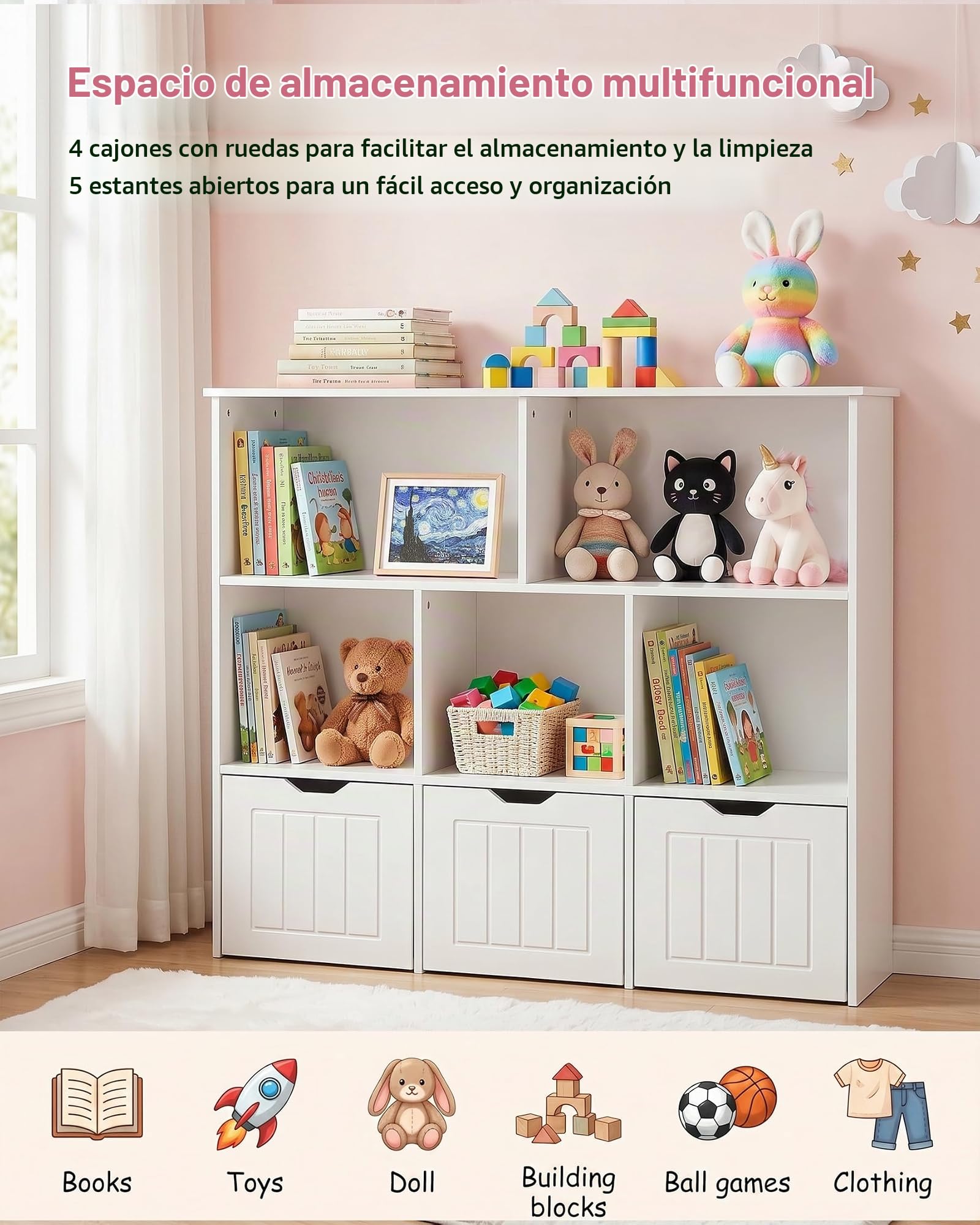 Estanteria Infantil con 5 Compartimentos, Organizador de Juguetes con 3 Cajones, Mueble Almacenaje Juguetes, Librería Montessori, Estante para Niños, Blanco 100x33x89.5cm