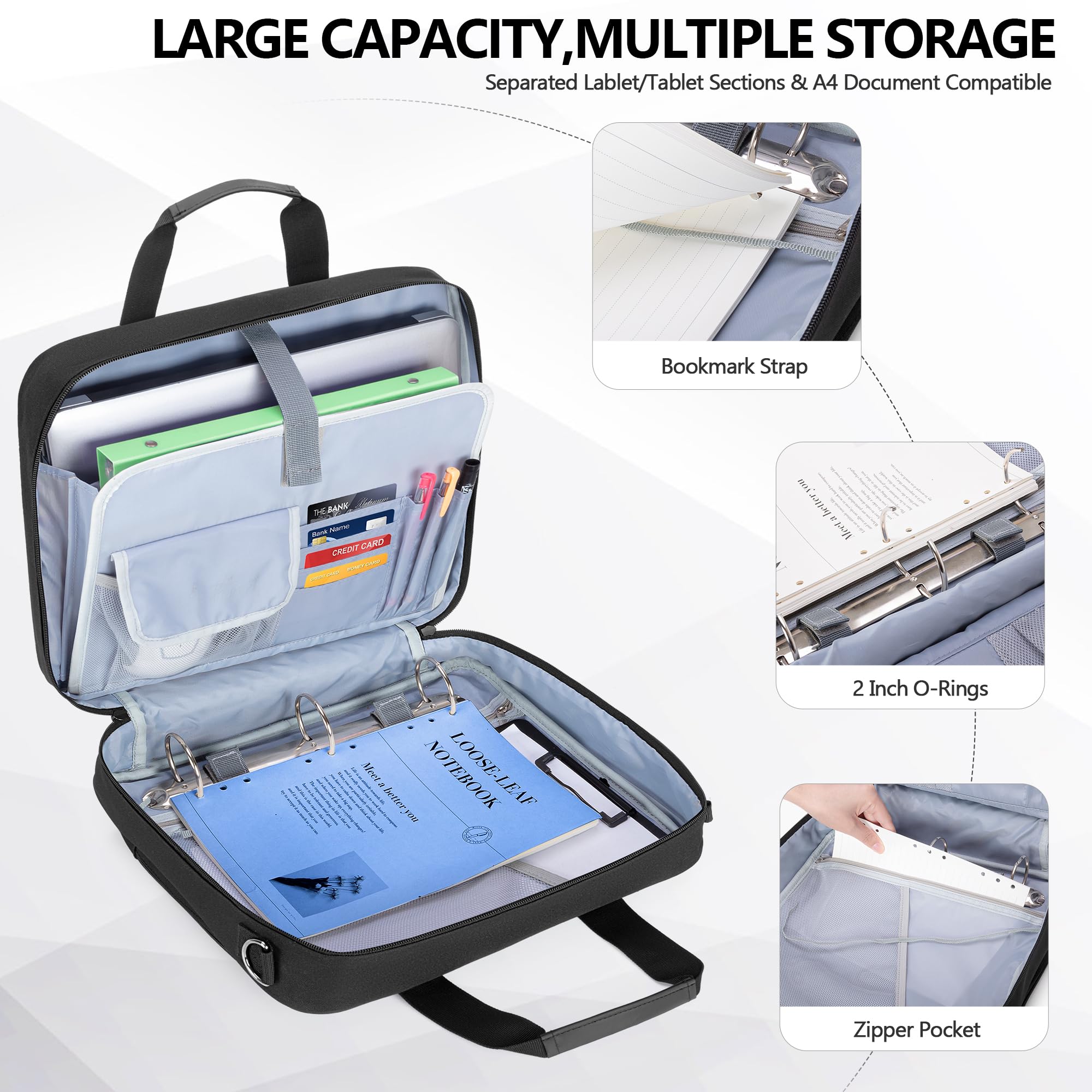 Porte-documents A4 pour Ordinateur Portable 13 ", Noir | avec Poignée et Bandoulière, Idéal pour les Voyages d'affaires, avec Fonction Bureautique Portable