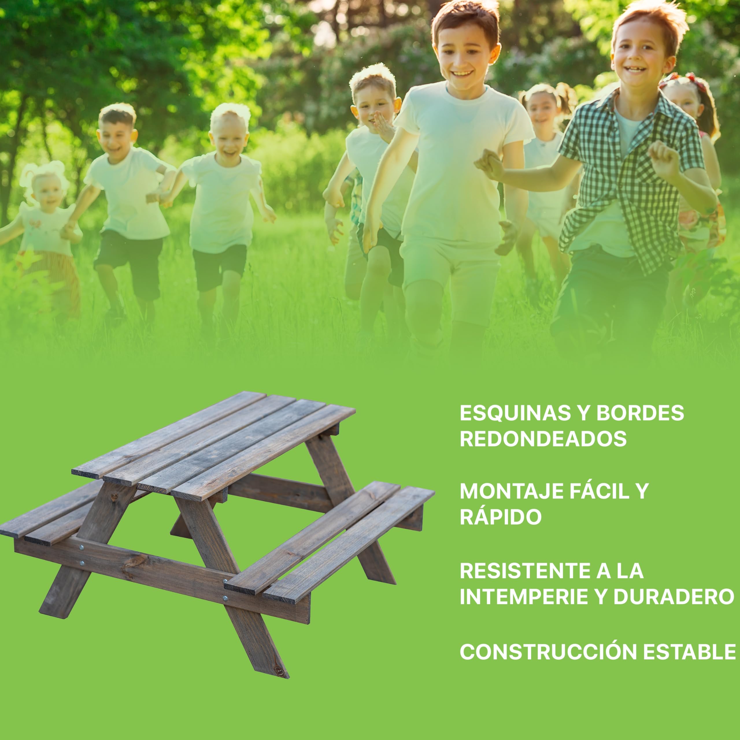ITA Mesa de Picnic Infantil - Mesa de Madera con 2 Bancos para Niños - calidad directa del Fabricante - hecho en la UE - gris